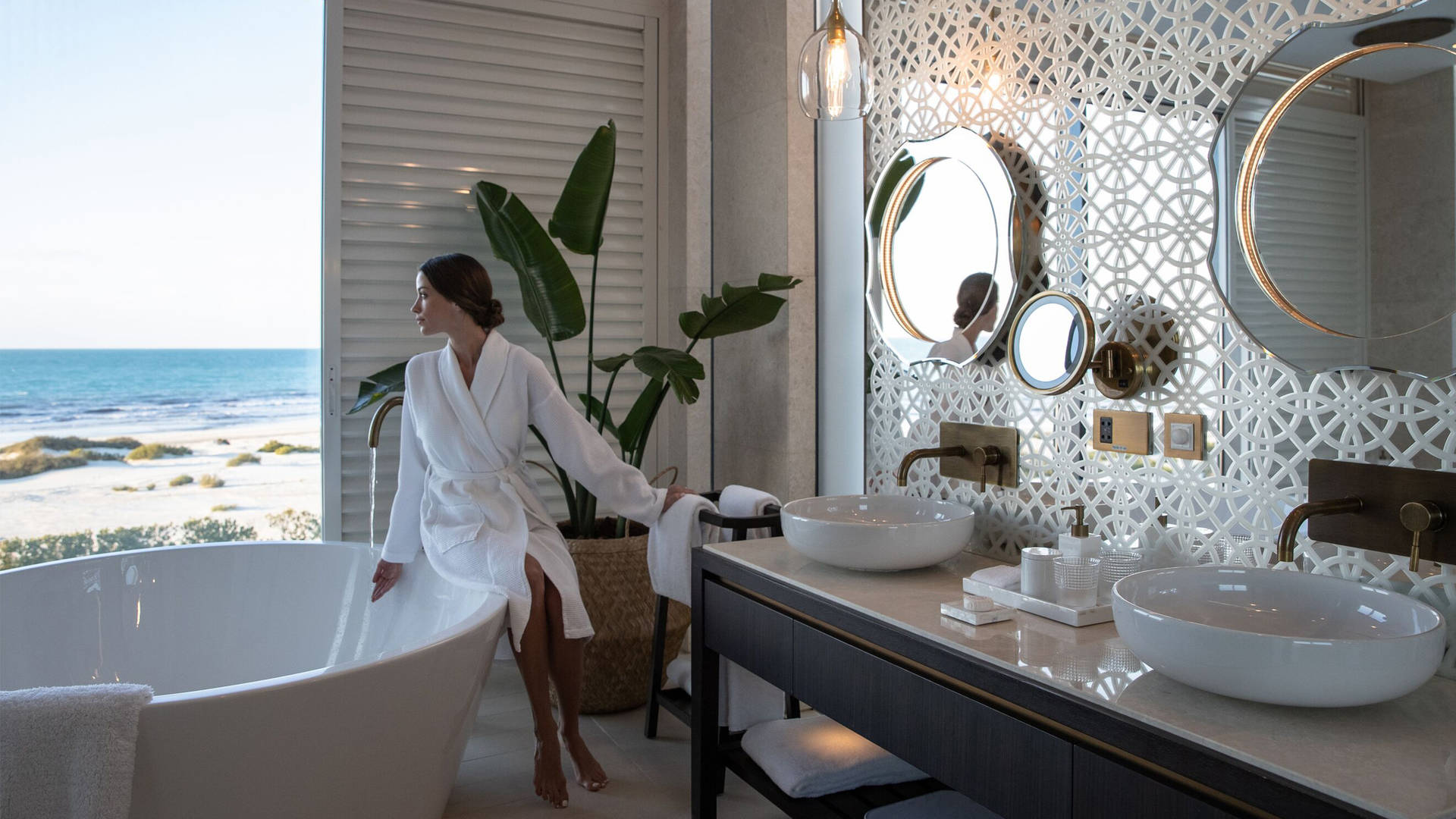 Mirrored bathroom in private villa at Jumeirah at Saadiyat Island Resort